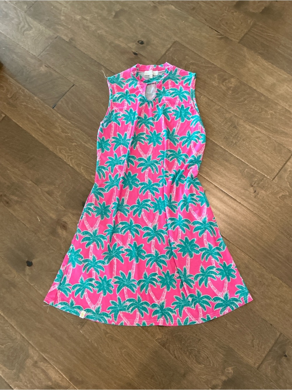 Simply Southern Palm Tree Print Dress Pink Sleeveless Keyhole Size S